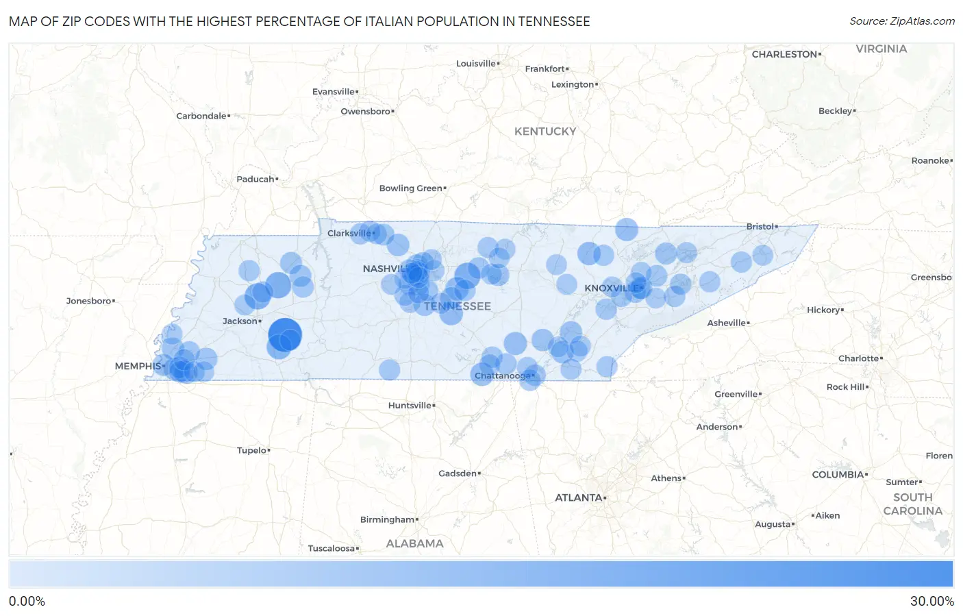 Zip Codes with the Highest Percentage of Italian Population in Tennessee Map
