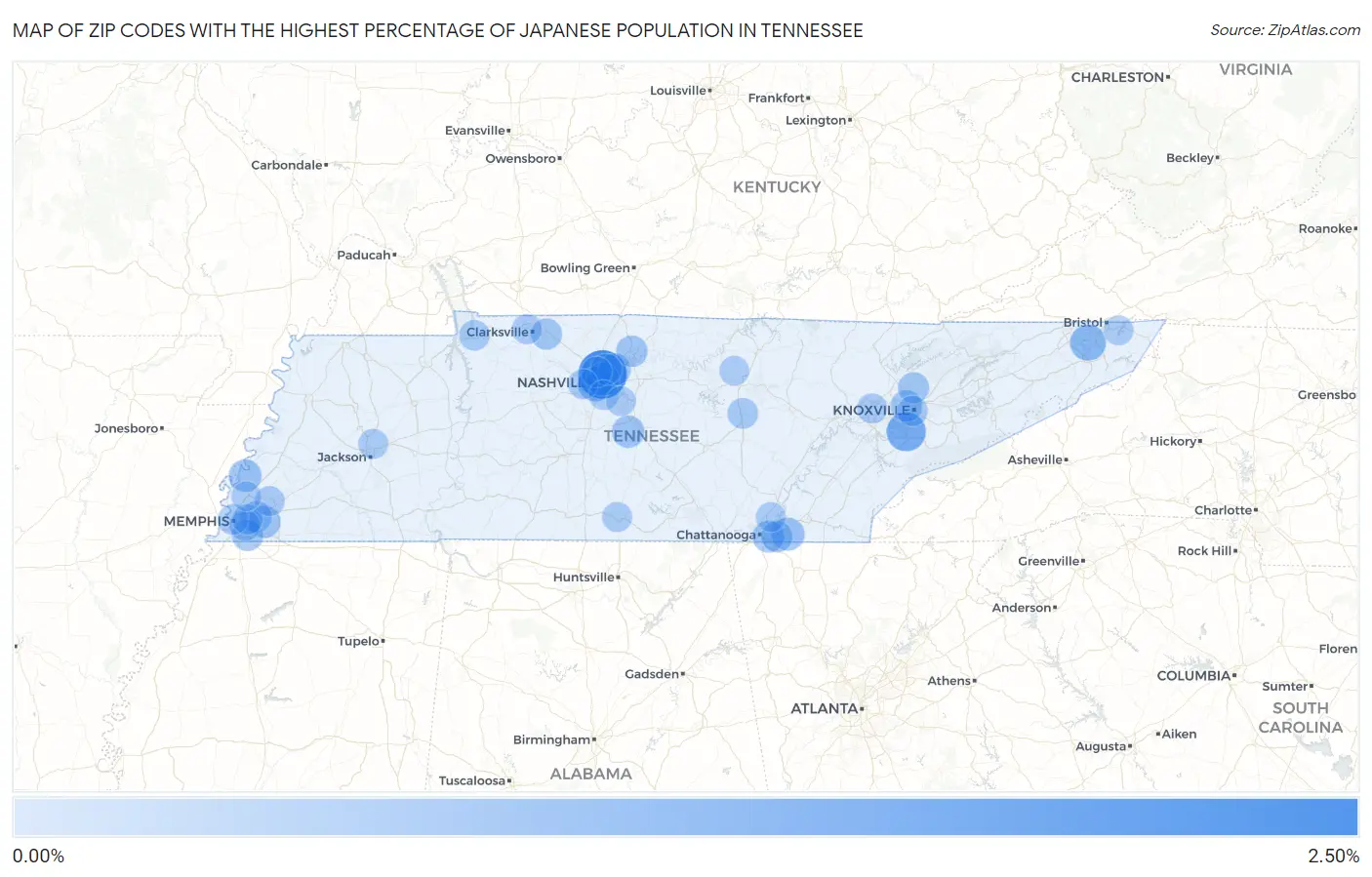 Zip Codes with the Highest Percentage of Japanese Population in Tennessee Map
