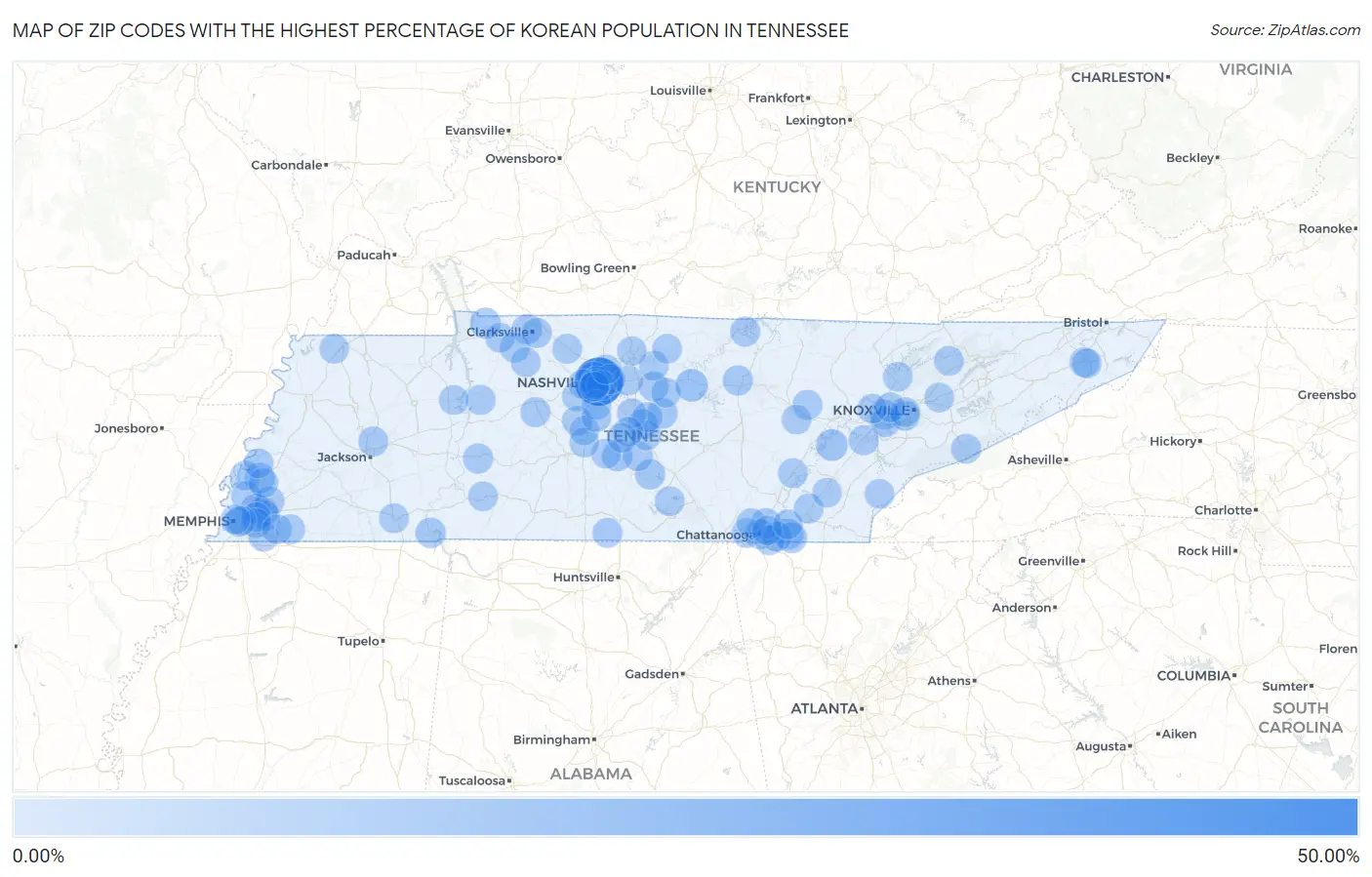 Zip Codes with the Highest Percentage of Korean Population in Tennessee Map