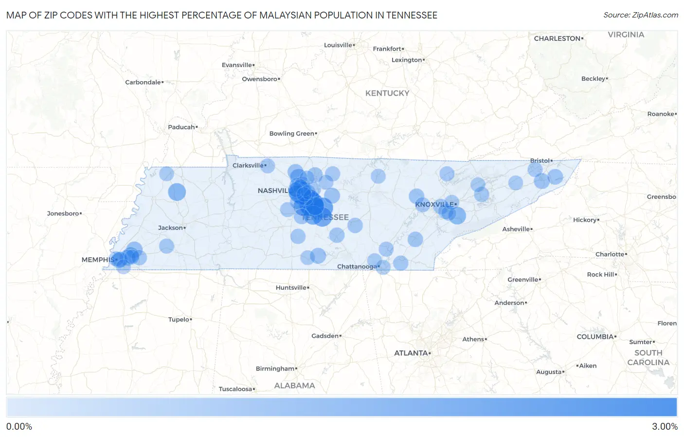 Zip Codes with the Highest Percentage of Malaysian Population in Tennessee Map