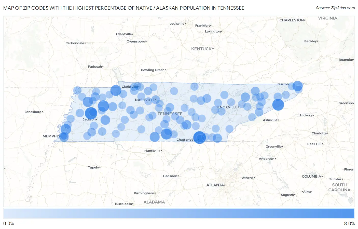 Zip Codes with the Highest Percentage of Native / Alaskan Population in Tennessee Map