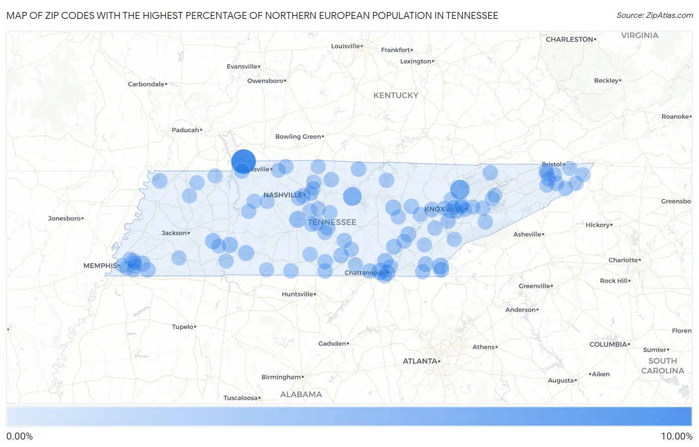 Zip Codes with the Highest Percentage of Northern European Population in Tennessee Map