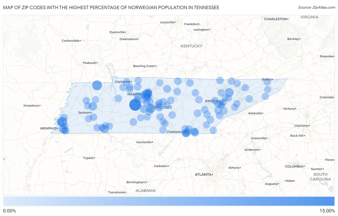 Zip Codes with the Highest Percentage of Norwegian Population in Tennessee Map
