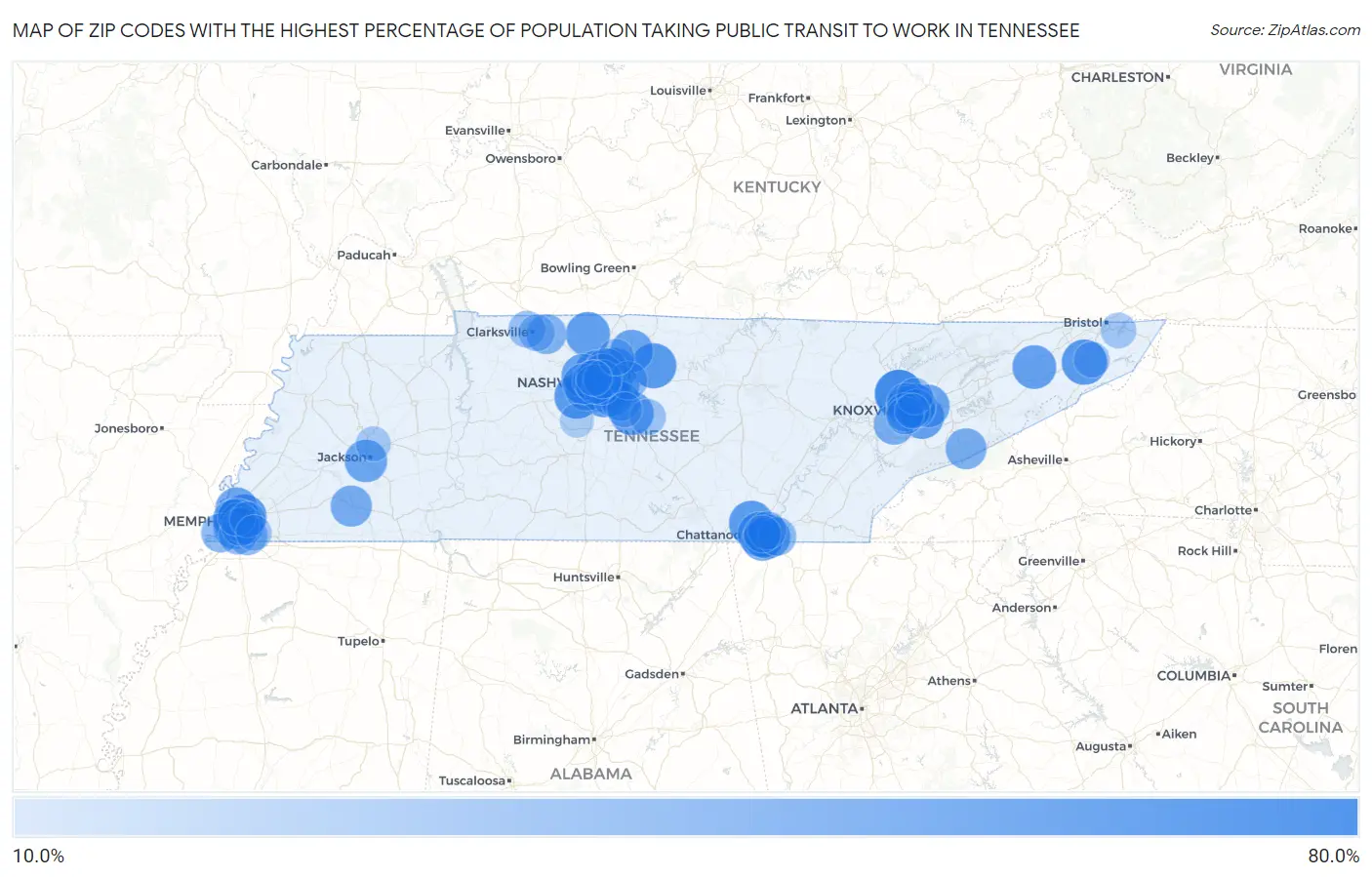Zip Codes with the Highest Percentage of Population Taking Public Transit to Work in Tennessee Map