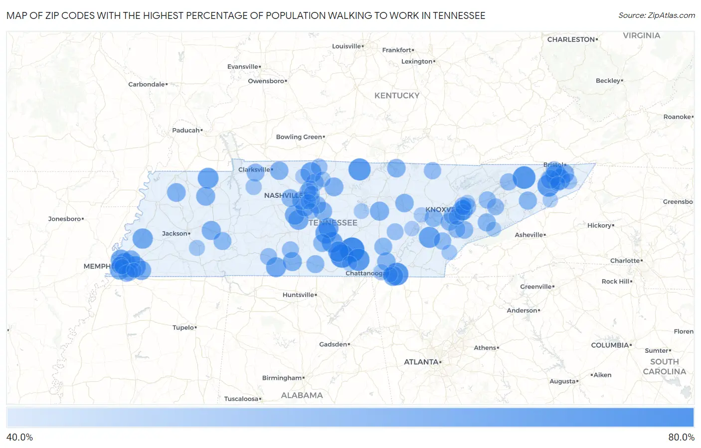 Zip Codes with the Highest Percentage of Population Walking to Work in Tennessee Map