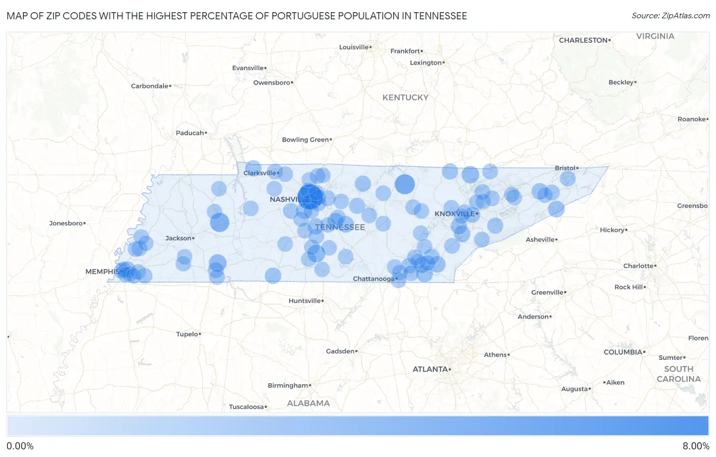 Zip Codes with the Highest Percentage of Portuguese Population in Tennessee Map