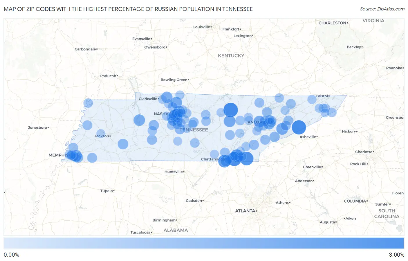 Zip Codes with the Highest Percentage of Russian Population in Tennessee Map