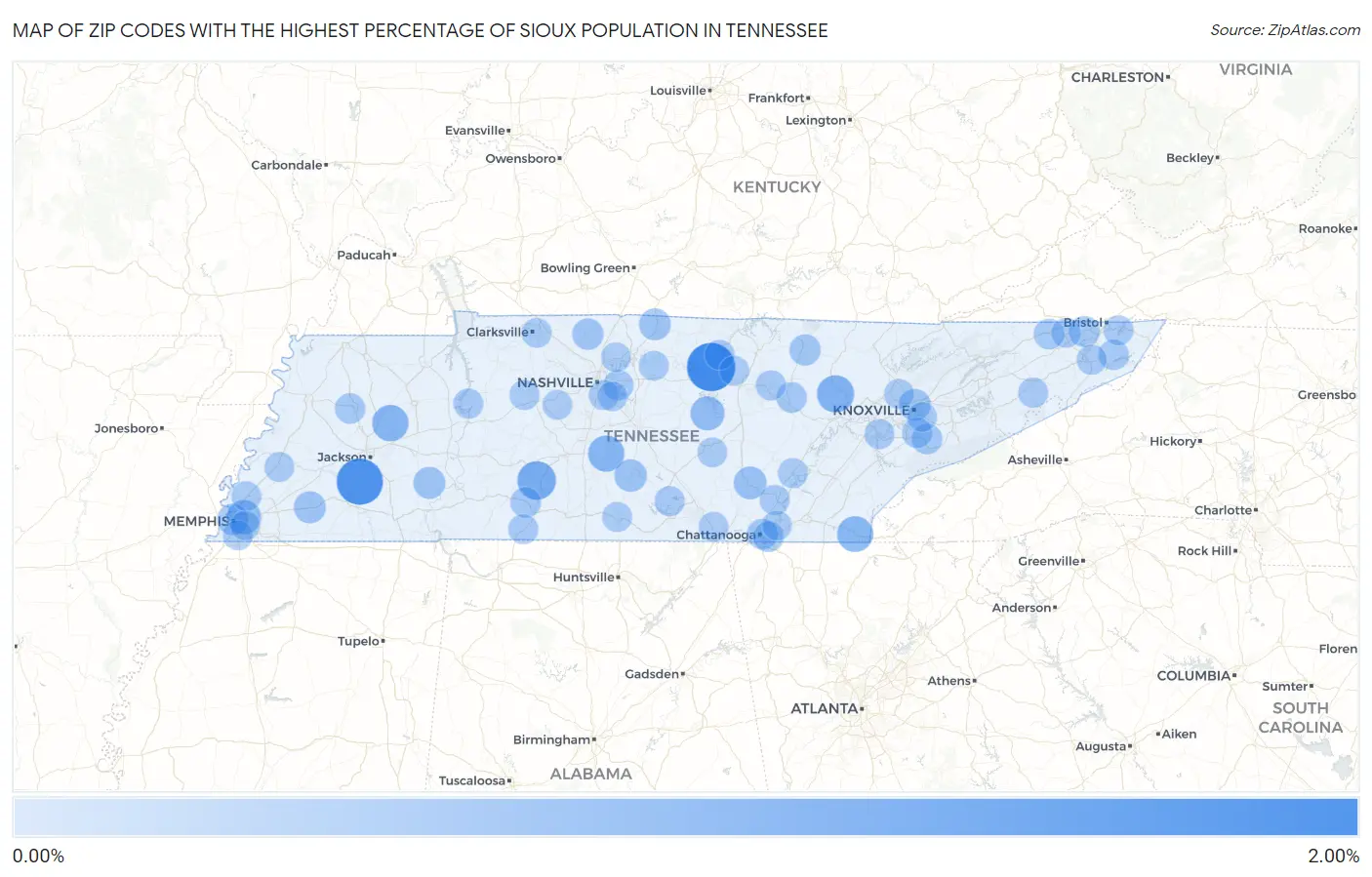 Zip Codes with the Highest Percentage of Sioux Population in Tennessee Map