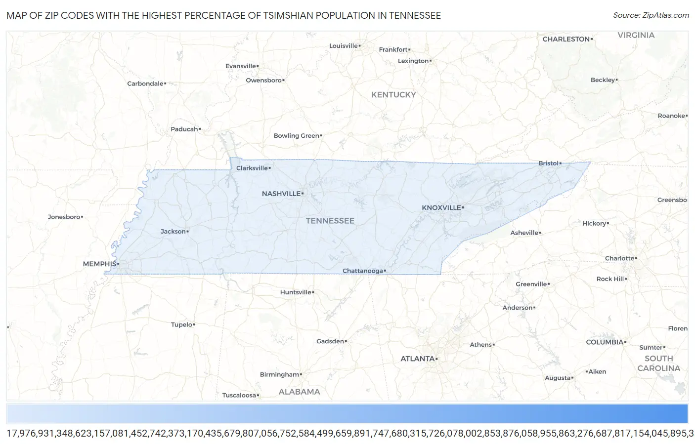 Zip Codes with the Highest Percentage of Tsimshian Population in Tennessee Map