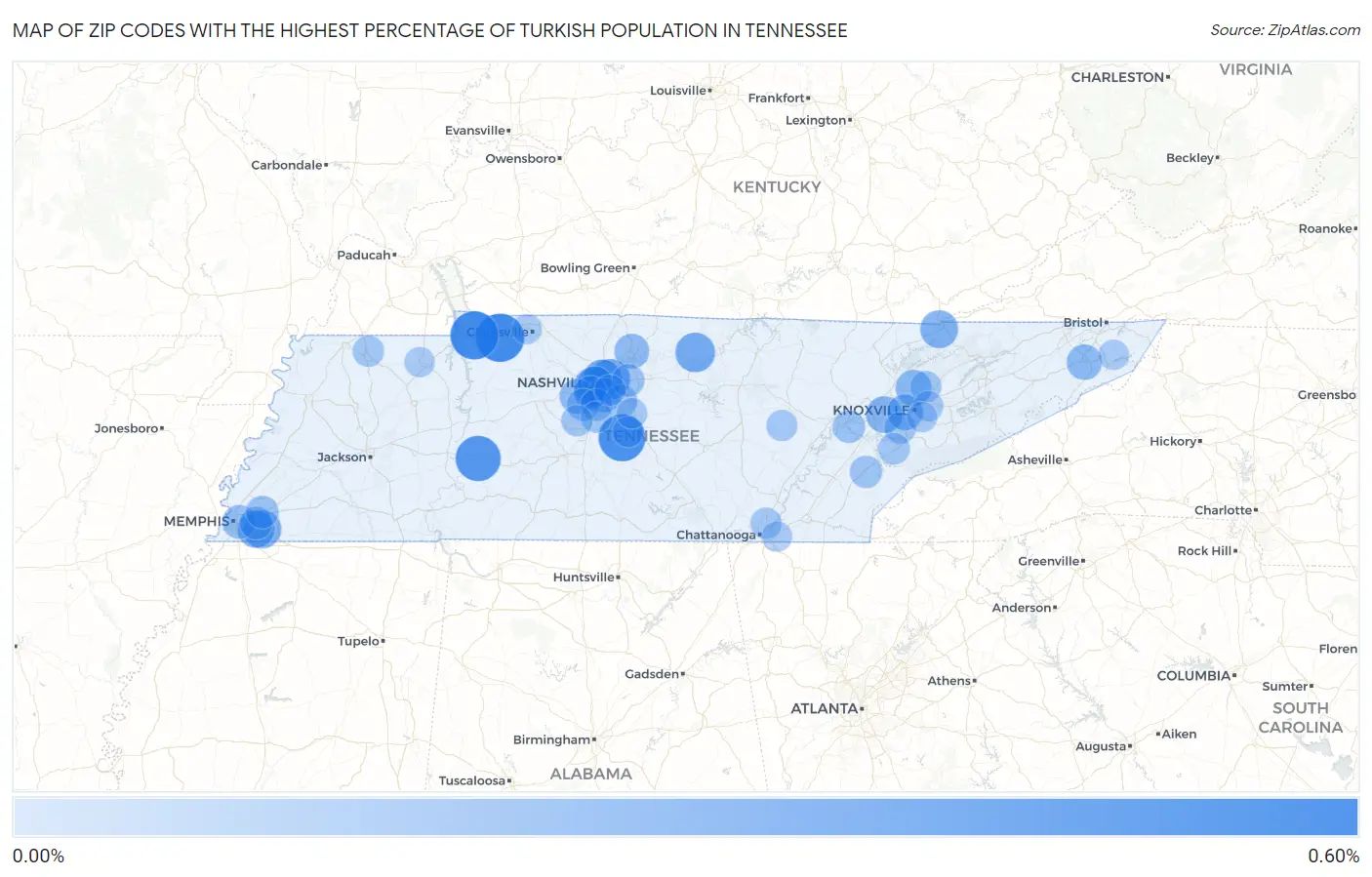 Zip Codes with the Highest Percentage of Turkish Population in Tennessee Map