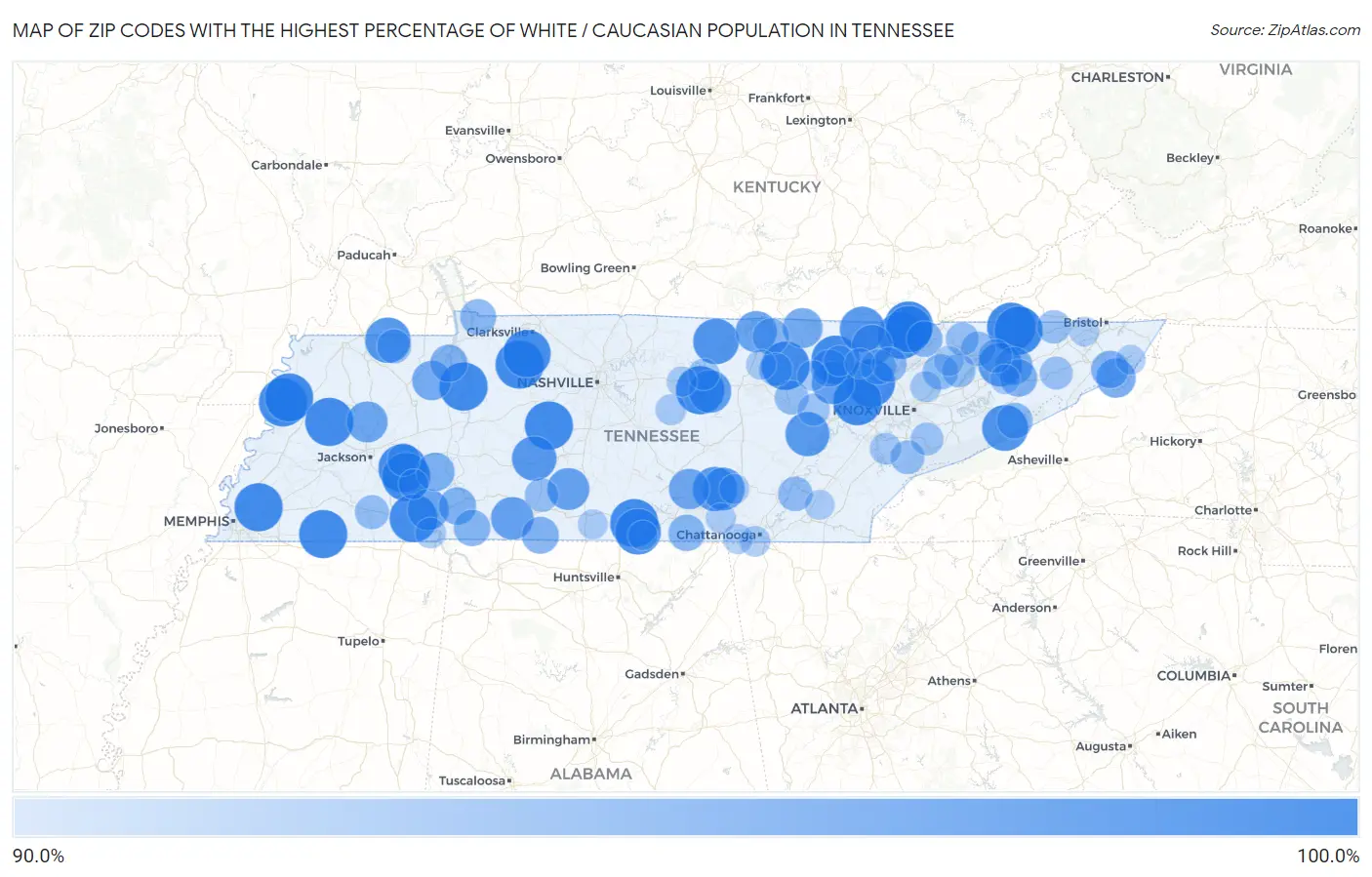 Zip Codes with the Highest Percentage of White / Caucasian Population in Tennessee Map