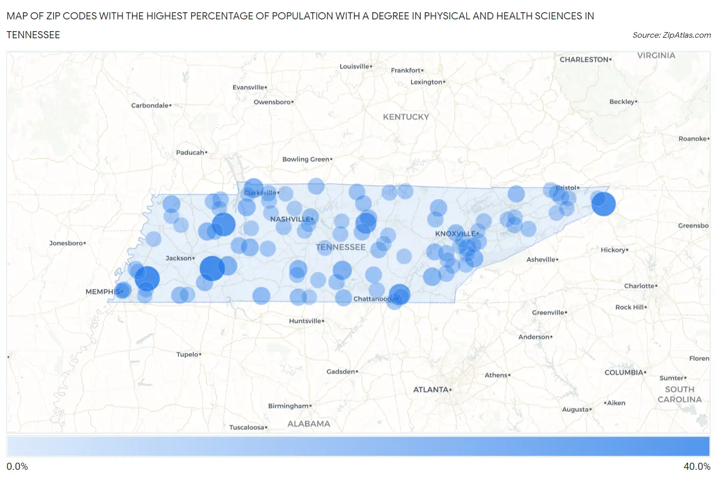 Zip Codes with the Highest Percentage of Population with a Degree in Physical and Health Sciences in Tennessee Map