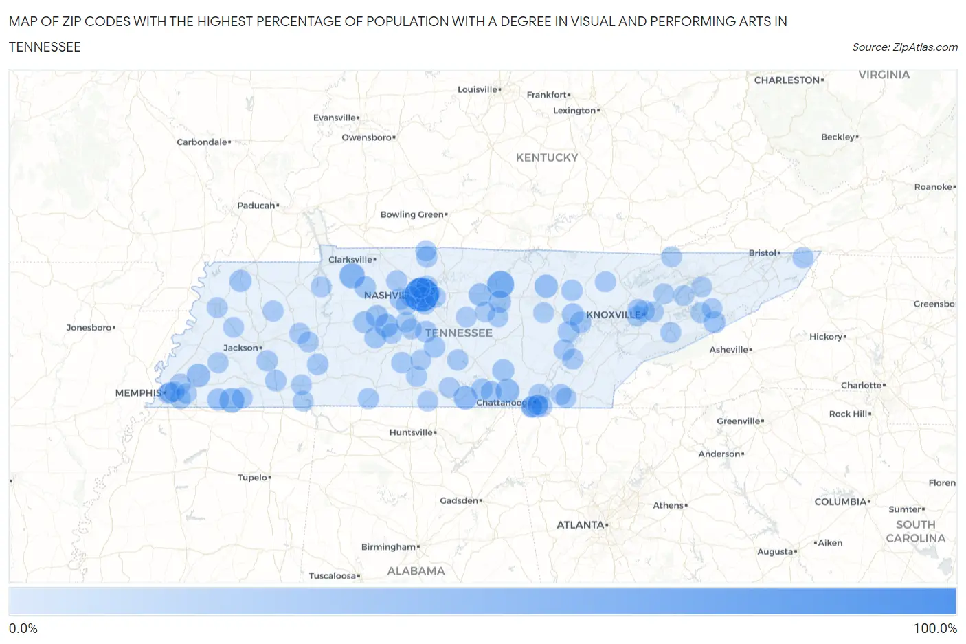 Zip Codes with the Highest Percentage of Population with a Degree in Visual and Performing Arts in Tennessee Map