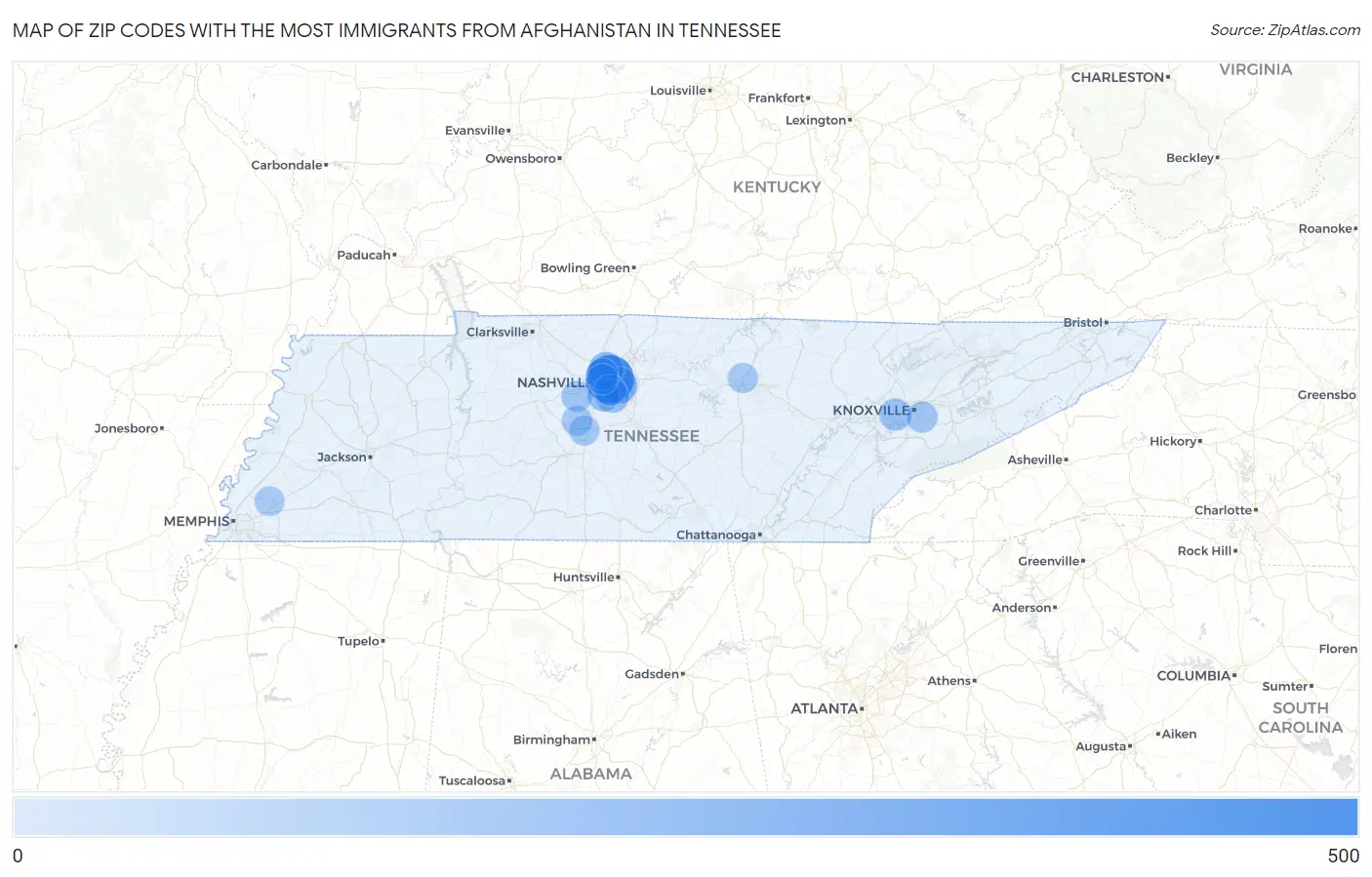 Zip Codes with the Most Immigrants from Afghanistan in Tennessee Map