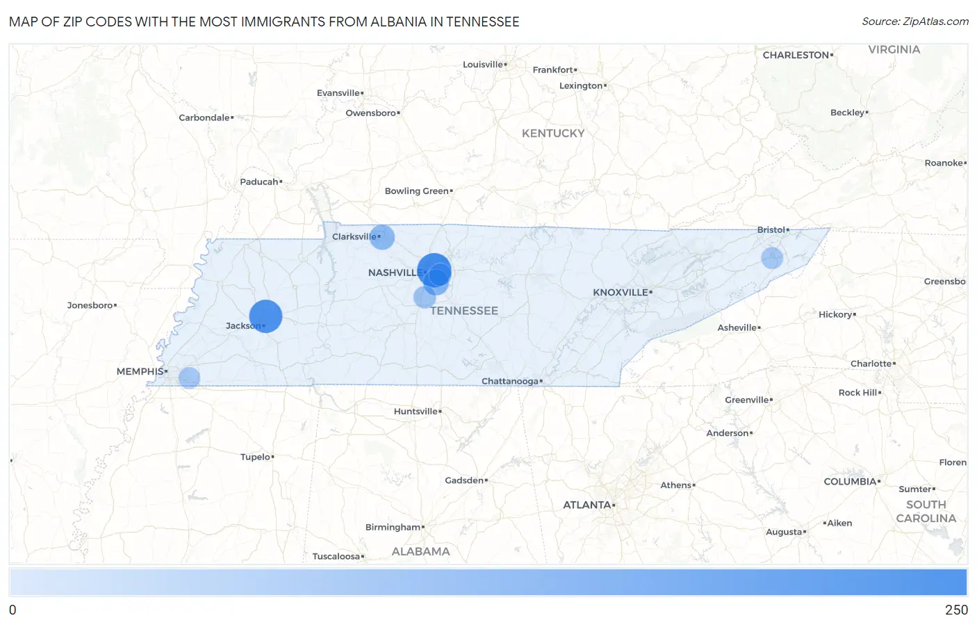 Zip Codes with the Most Immigrants from Albania in Tennessee Map