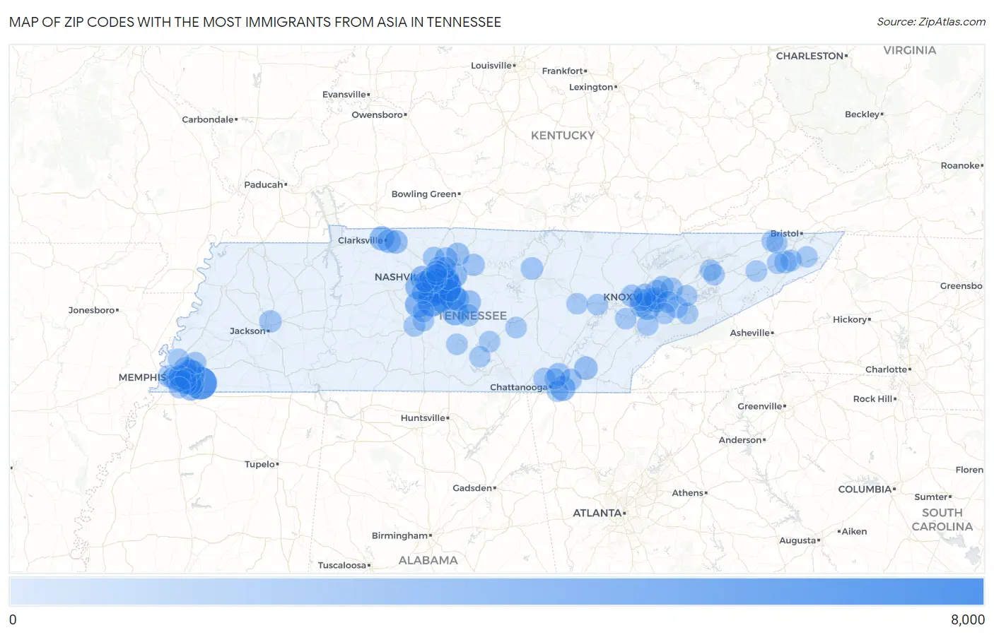 Zip Codes with the Most Immigrants from Asia in Tennessee Map