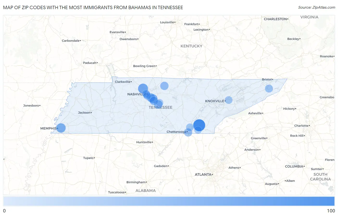 Zip Codes with the Most Immigrants from Bahamas in Tennessee Map