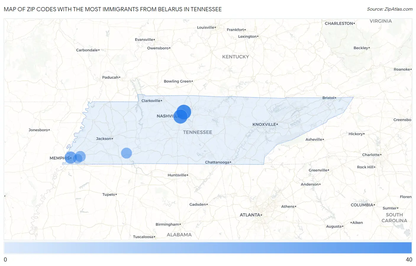 Zip Codes with the Most Immigrants from Belarus in Tennessee Map
