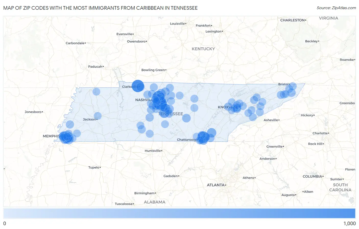 Zip Codes with the Most Immigrants from Caribbean in Tennessee Map