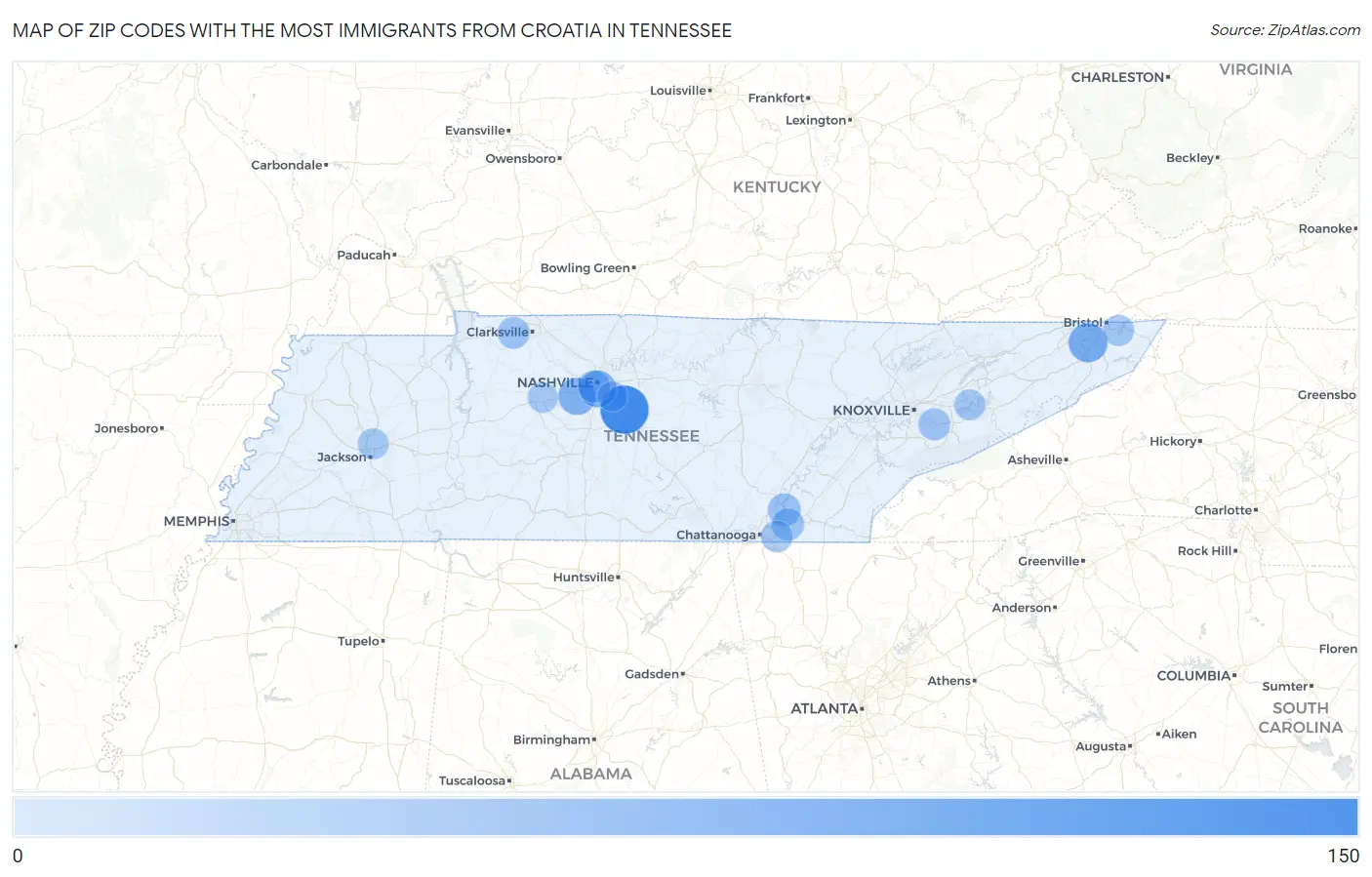 Zip Codes with the Most Immigrants from Croatia in Tennessee Map