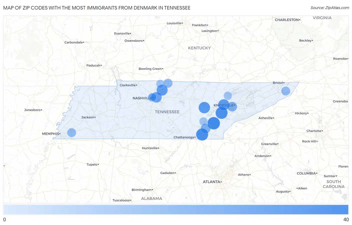 Zip Codes with the Most Immigrants from Denmark in Tennessee Map