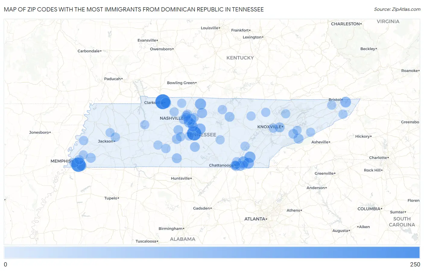 Zip Codes with the Most Immigrants from Dominican Republic in Tennessee Map