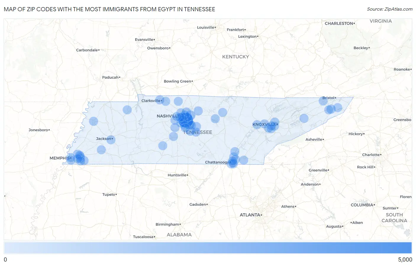 Zip Codes with the Most Immigrants from Egypt in Tennessee Map
