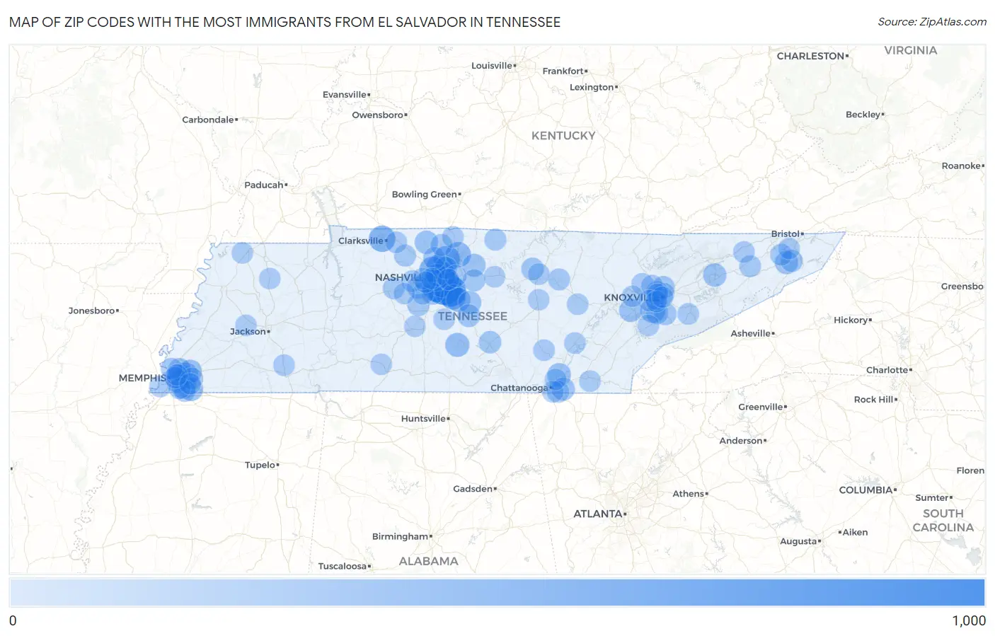 Zip Codes with the Most Immigrants from El Salvador in Tennessee Map