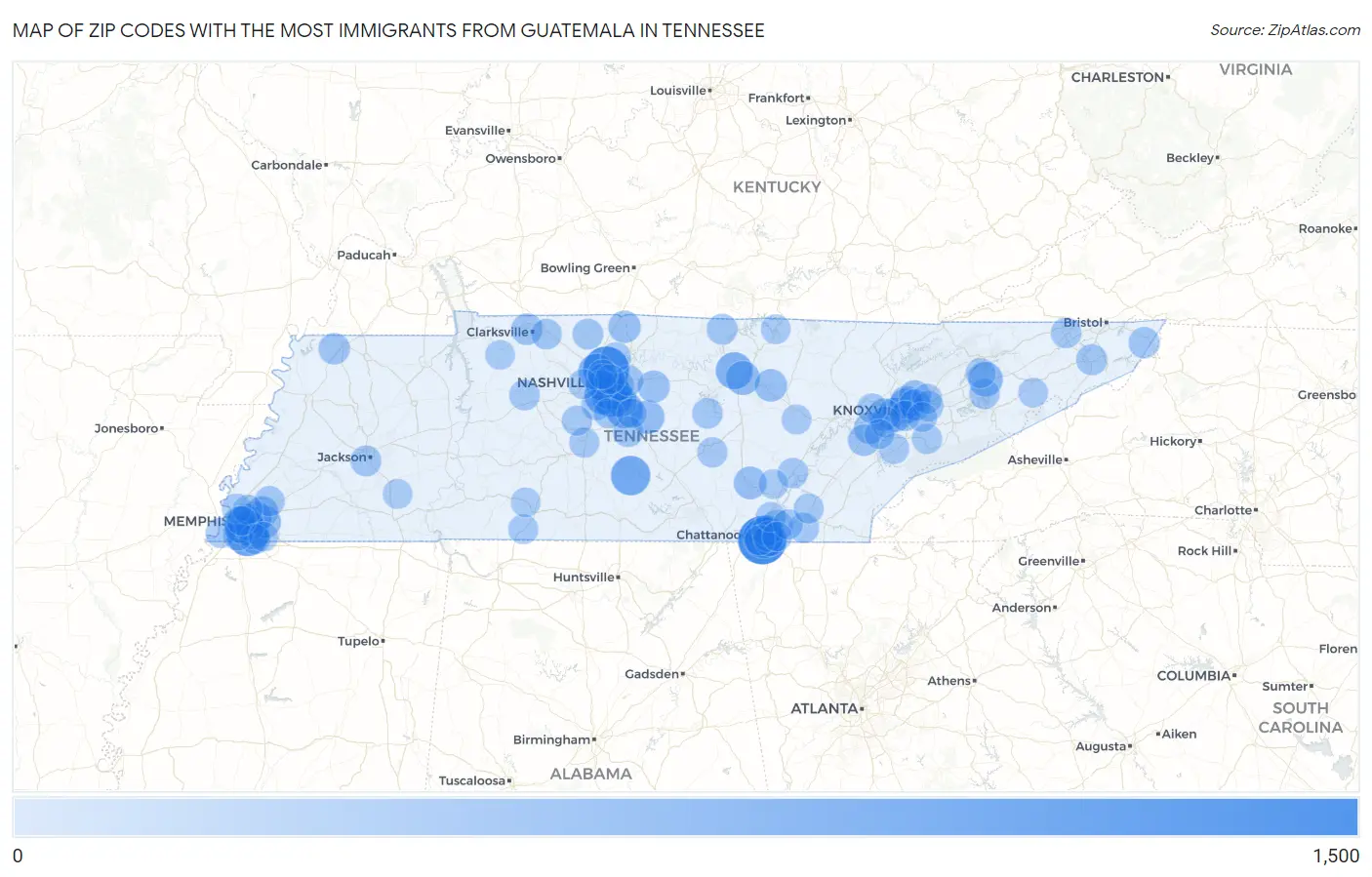 Zip Codes with the Most Immigrants from Guatemala in Tennessee Map
