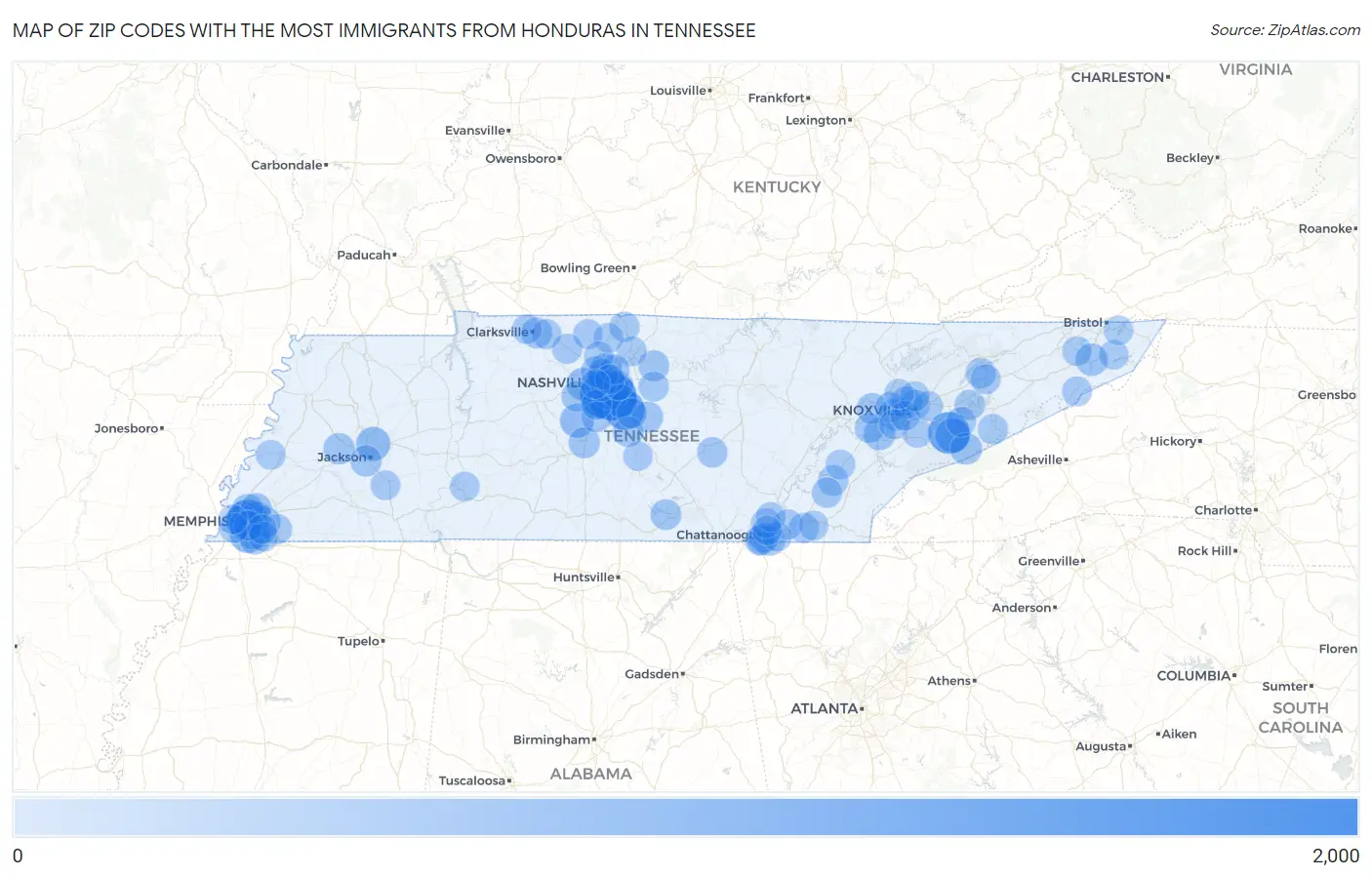Zip Codes with the Most Immigrants from Honduras in Tennessee Map
