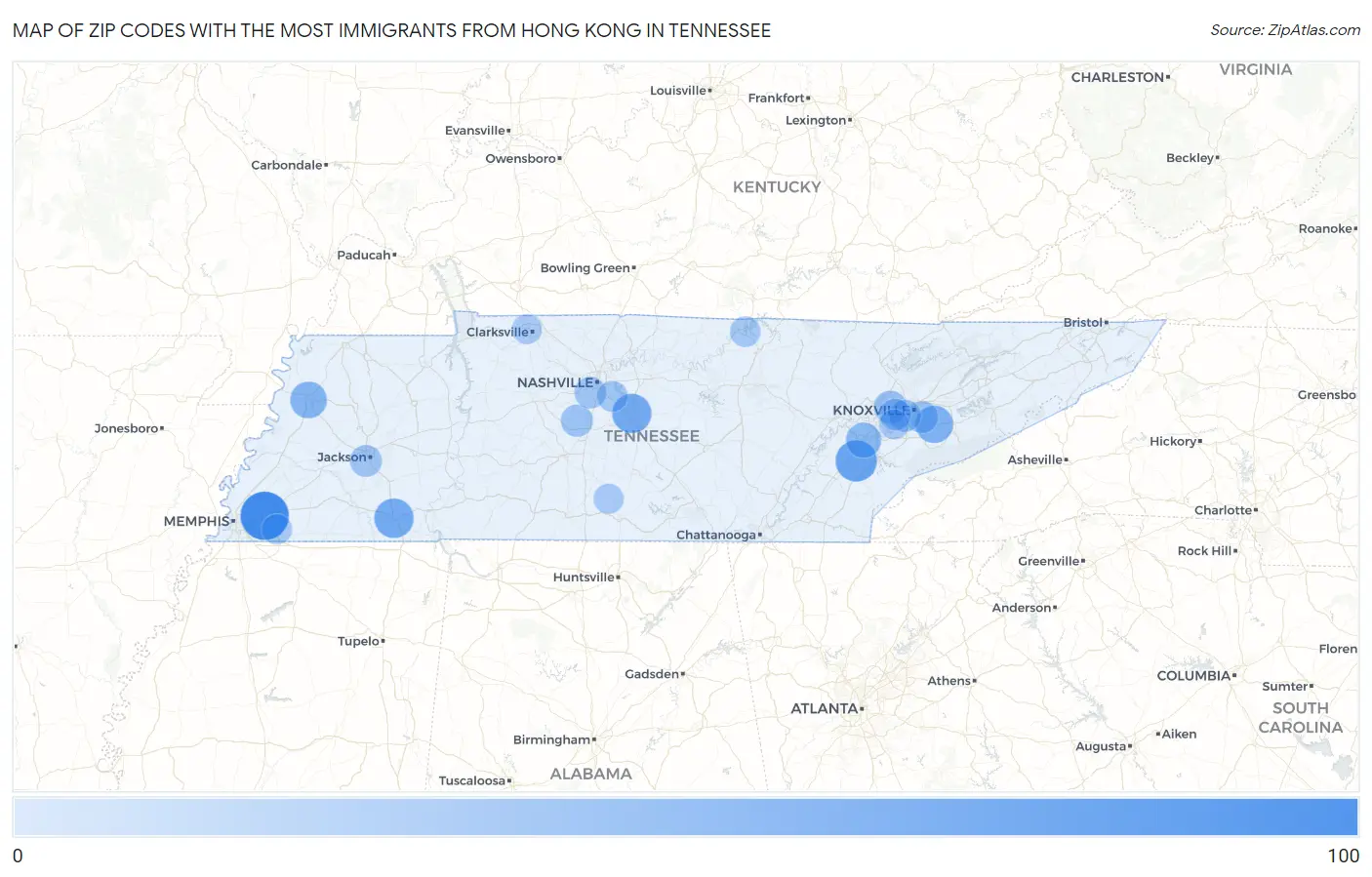 Zip Codes with the Most Immigrants from Hong Kong in Tennessee Map