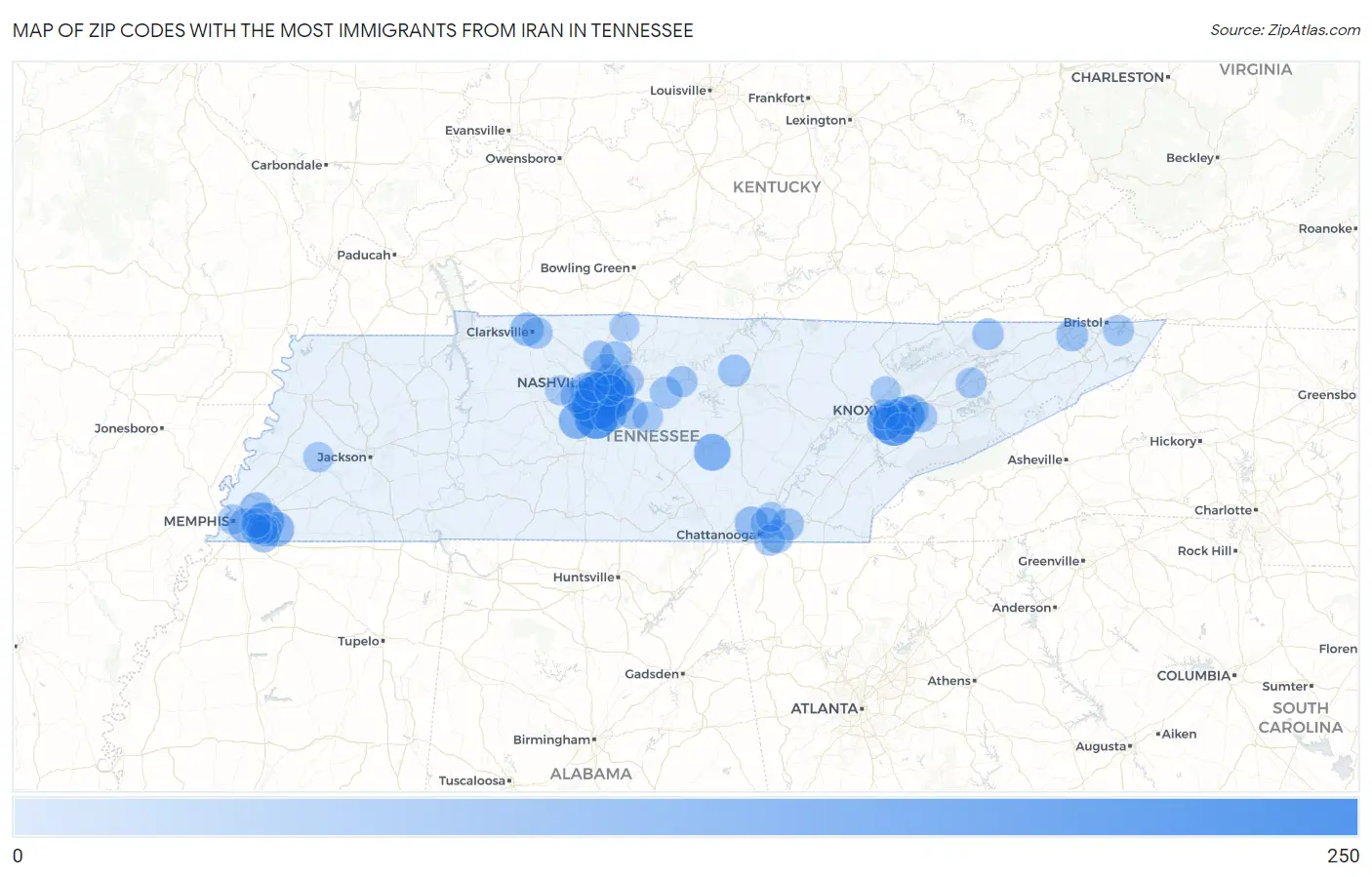 Zip Codes with the Most Immigrants from Iran in Tennessee Map