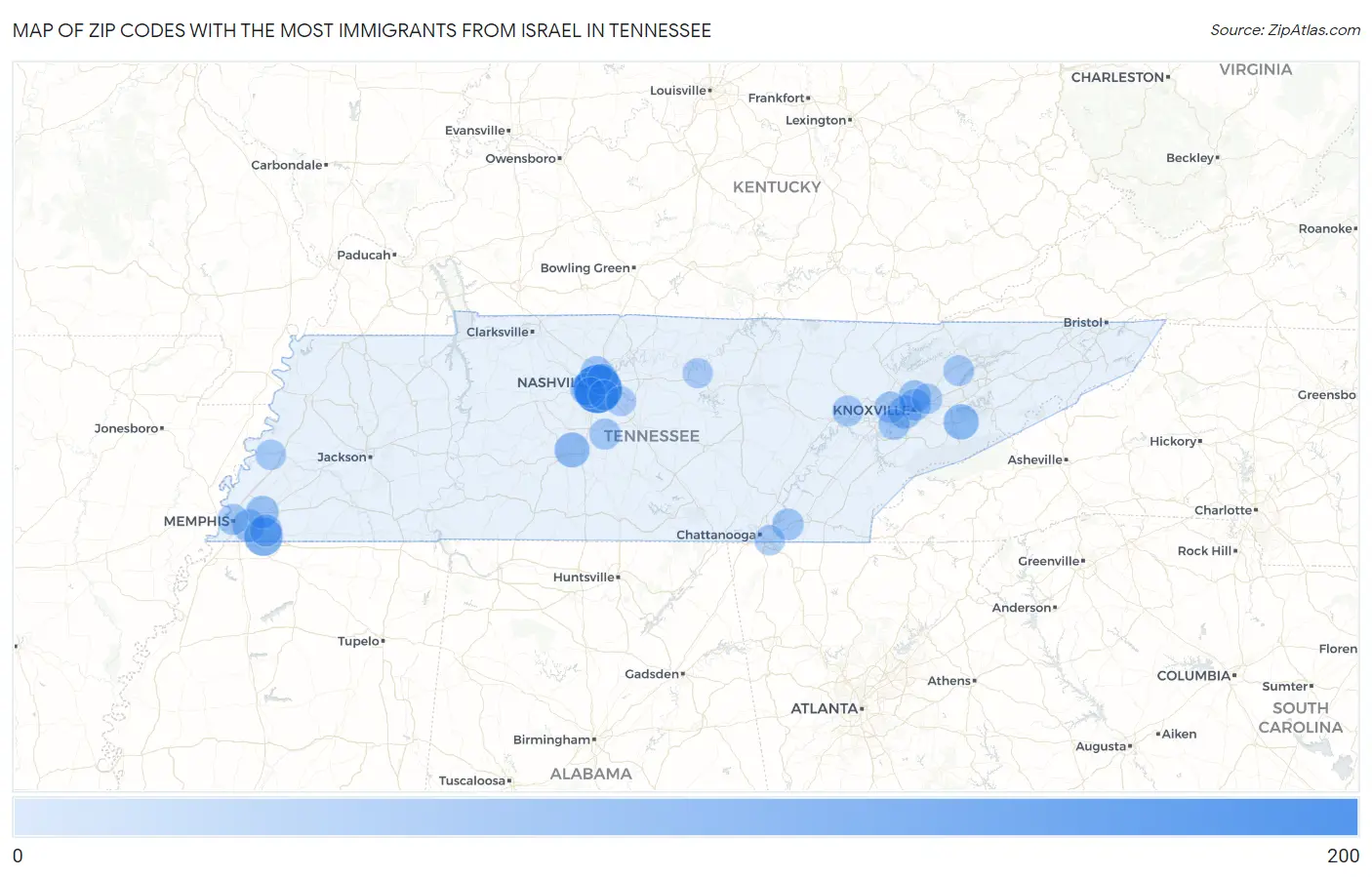 Zip Codes with the Most Immigrants from Israel in Tennessee Map