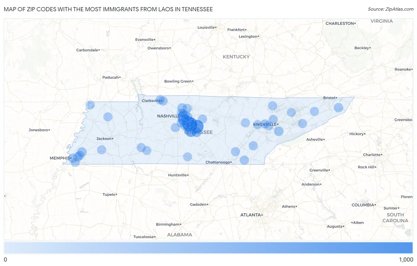Zip Codes with the Most Immigrants from Laos in Tennessee Map