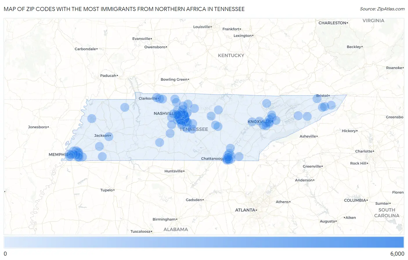 Zip Codes with the Most Immigrants from Northern Africa in Tennessee Map