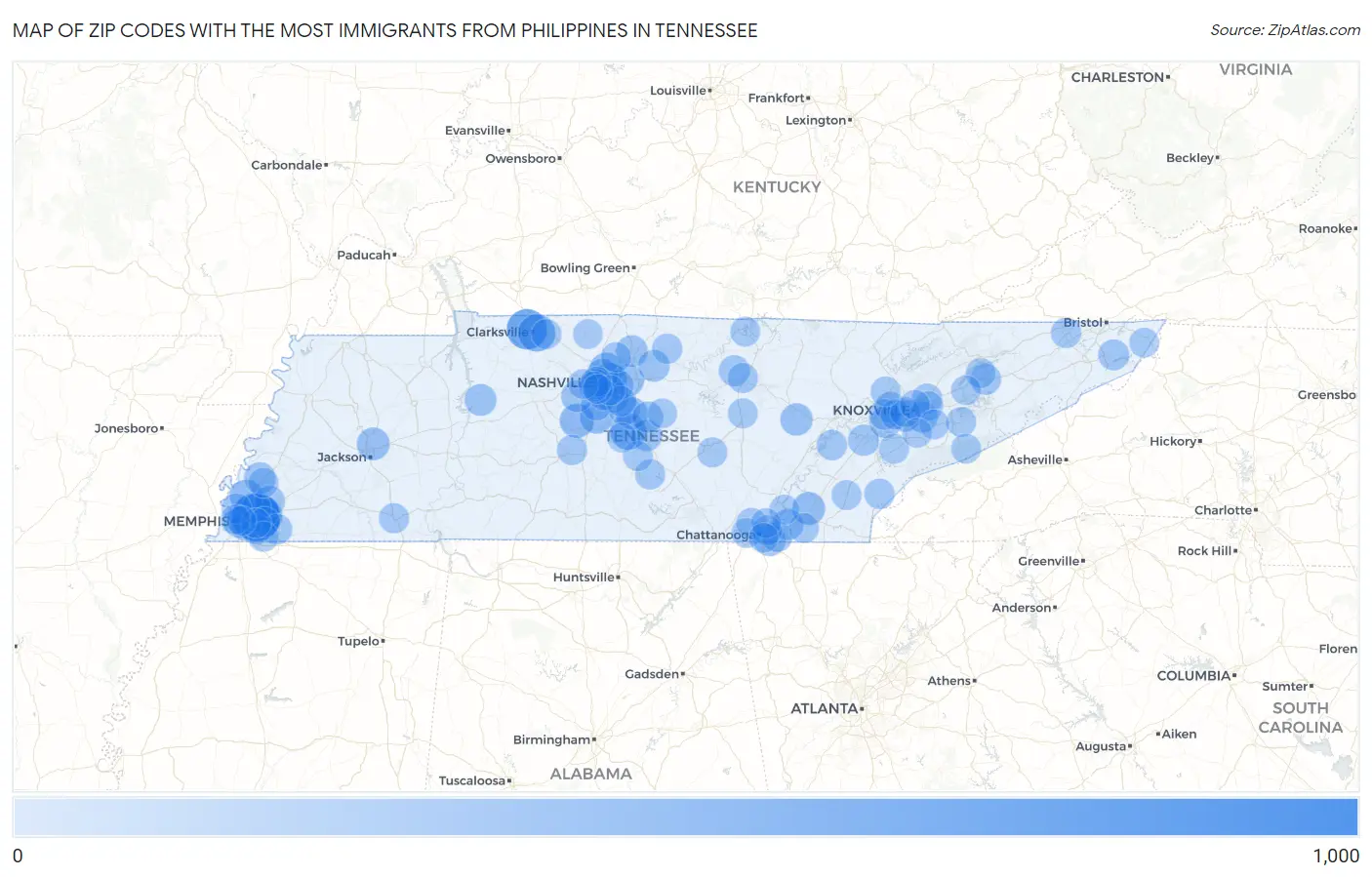 Zip Codes with the Most Immigrants from Philippines in Tennessee Map