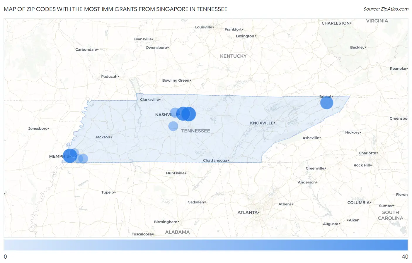 Zip Codes with the Most Immigrants from Singapore in Tennessee Map