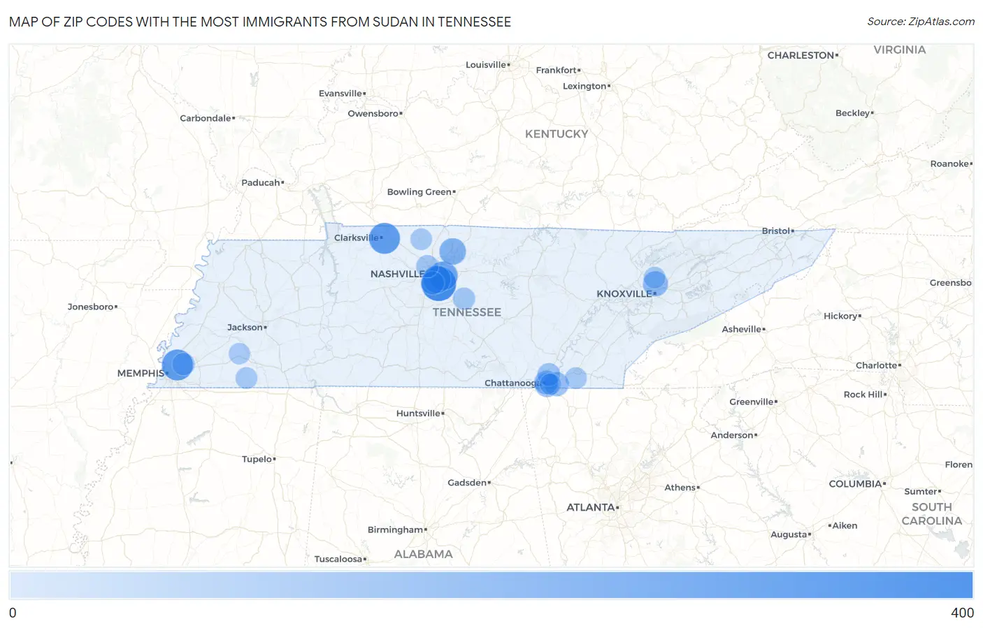 Zip Codes with the Most Immigrants from Sudan in Tennessee Map