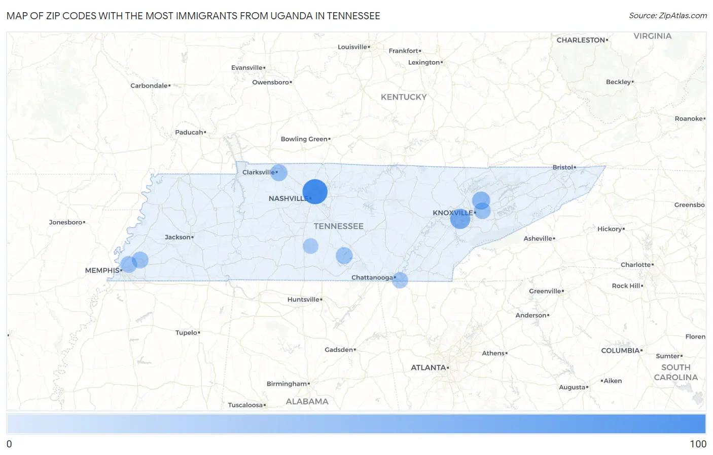 Zip Codes with the Most Immigrants from Uganda in Tennessee Map