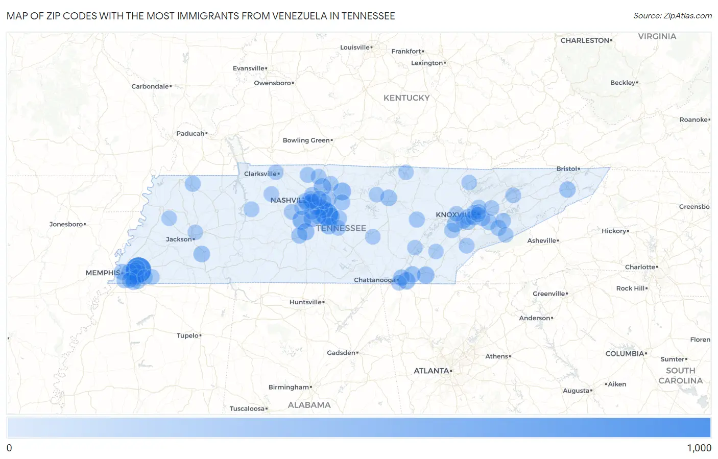 Zip Codes with the Most Immigrants from Venezuela in Tennessee Map