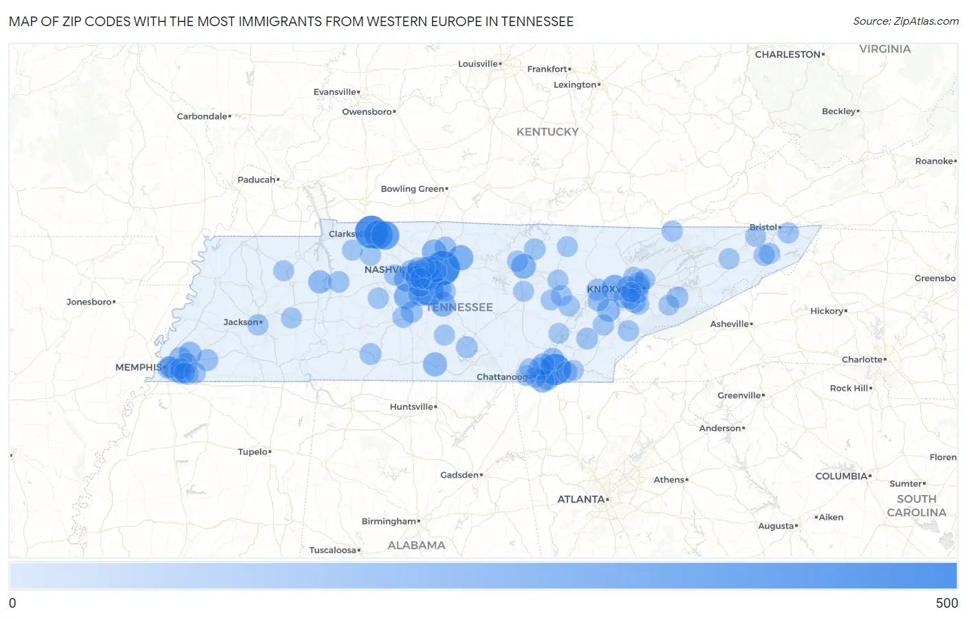 Zip Codes with the Most Immigrants from Western Europe in Tennessee Map