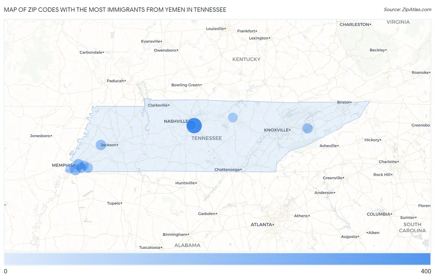 Zip Codes with the Most Immigrants from Yemen in Tennessee Map