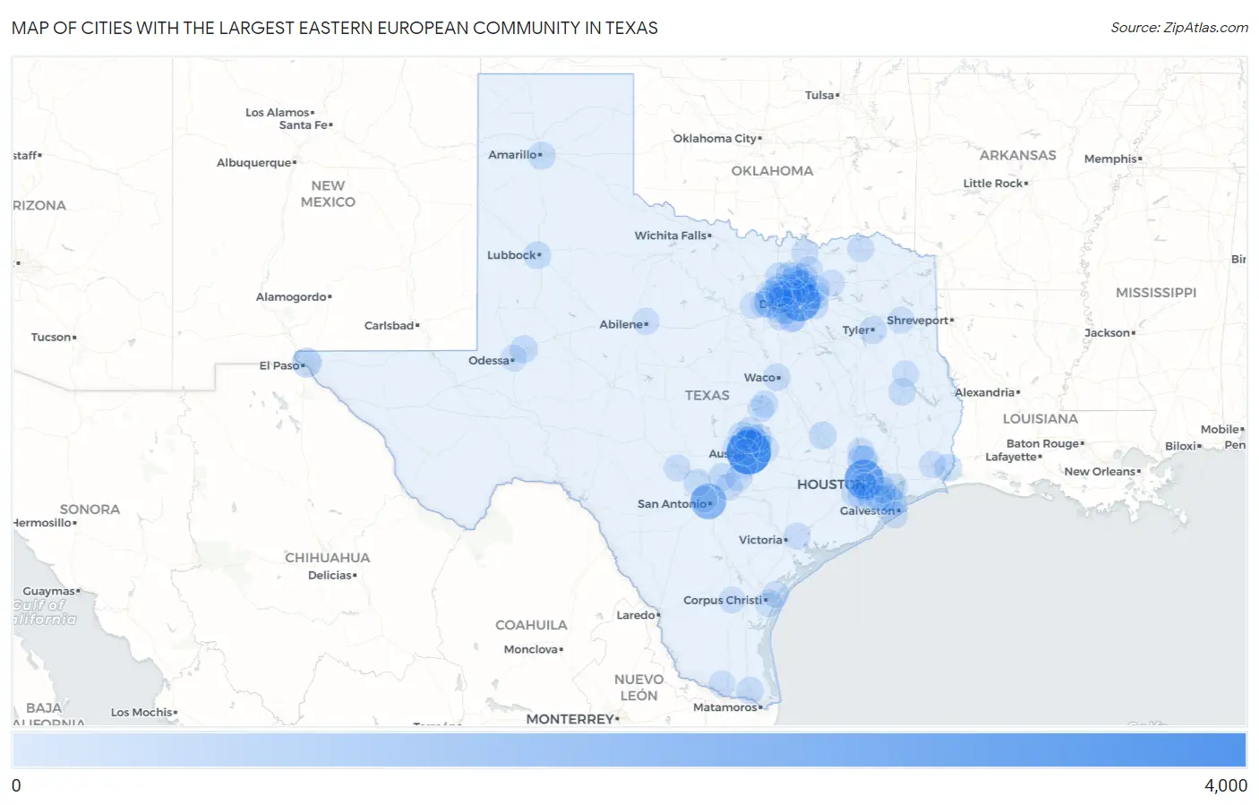 Cities with the Largest Eastern European Community in Texas Map