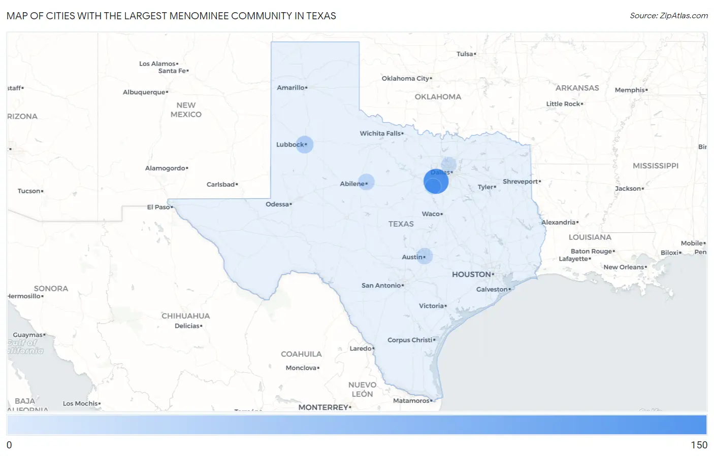 Cities with the Largest Menominee Community in Texas Map