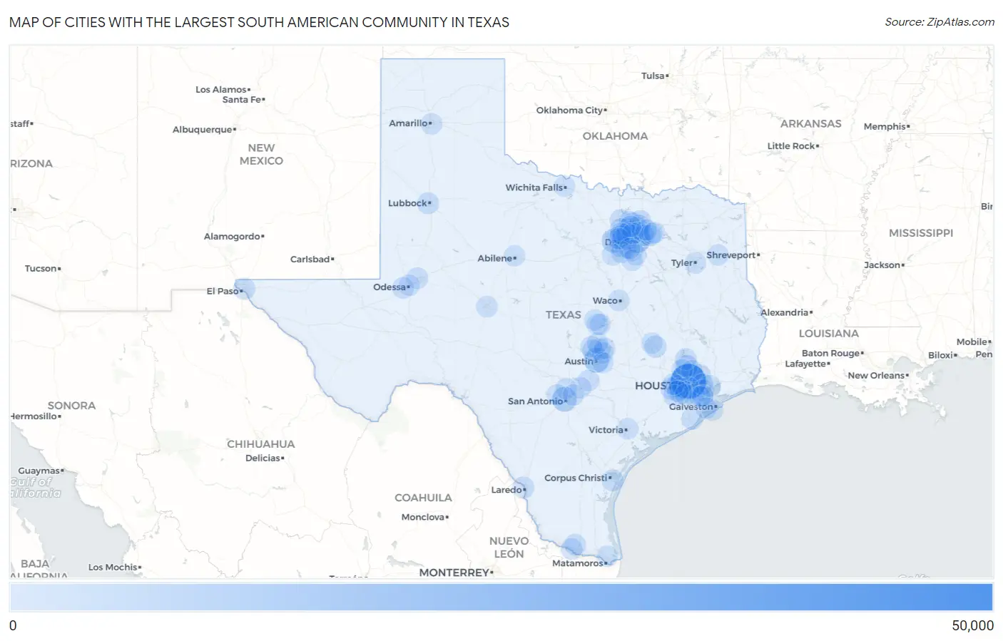 Cities with the Largest South American Community in Texas Map