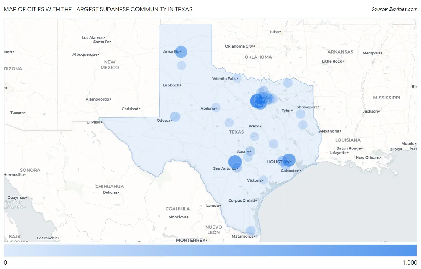 Cities with the Largest Sudanese Community in Texas Map