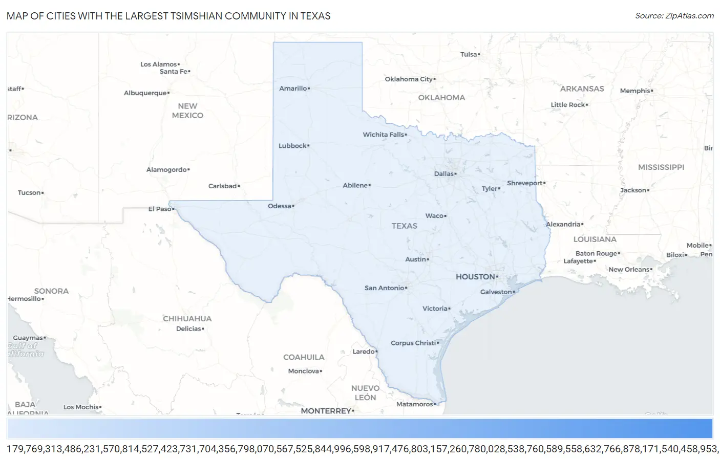 Cities with the Largest Tsimshian Community in Texas Map
