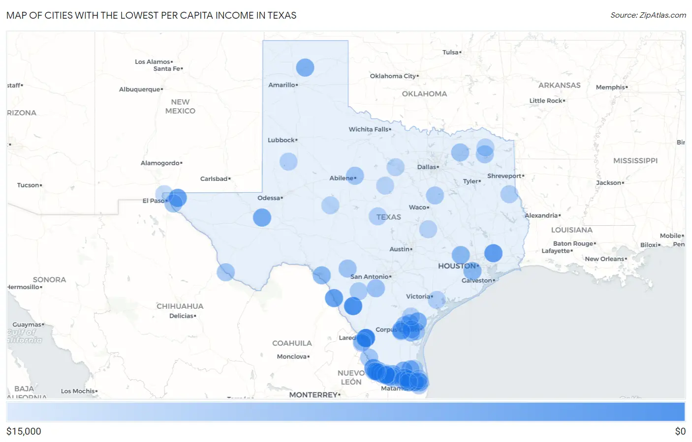 Cities with the Lowest Per Capita Income in Texas Map