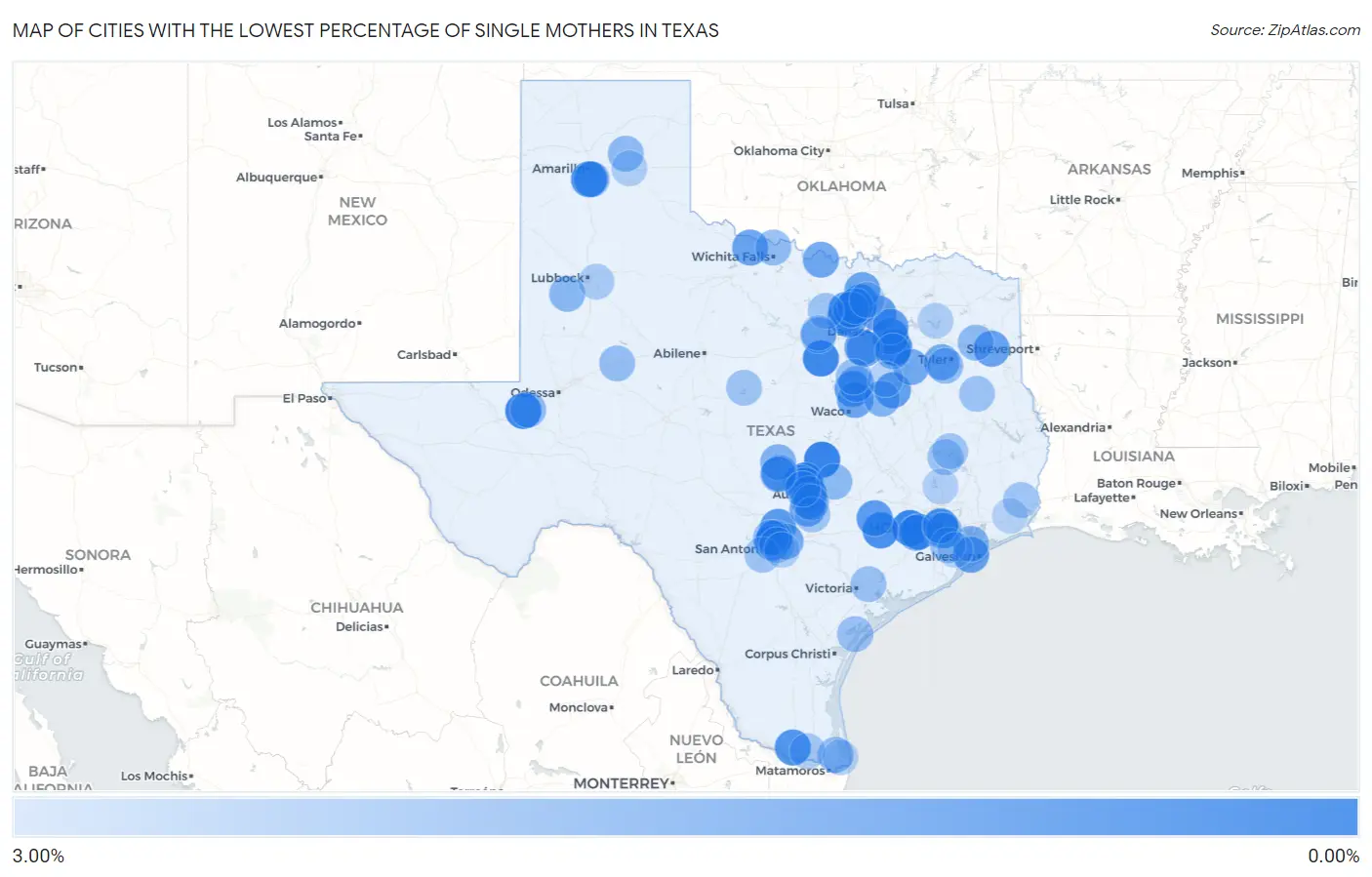Cities with the Lowest Percentage of Single Mothers in Texas Map