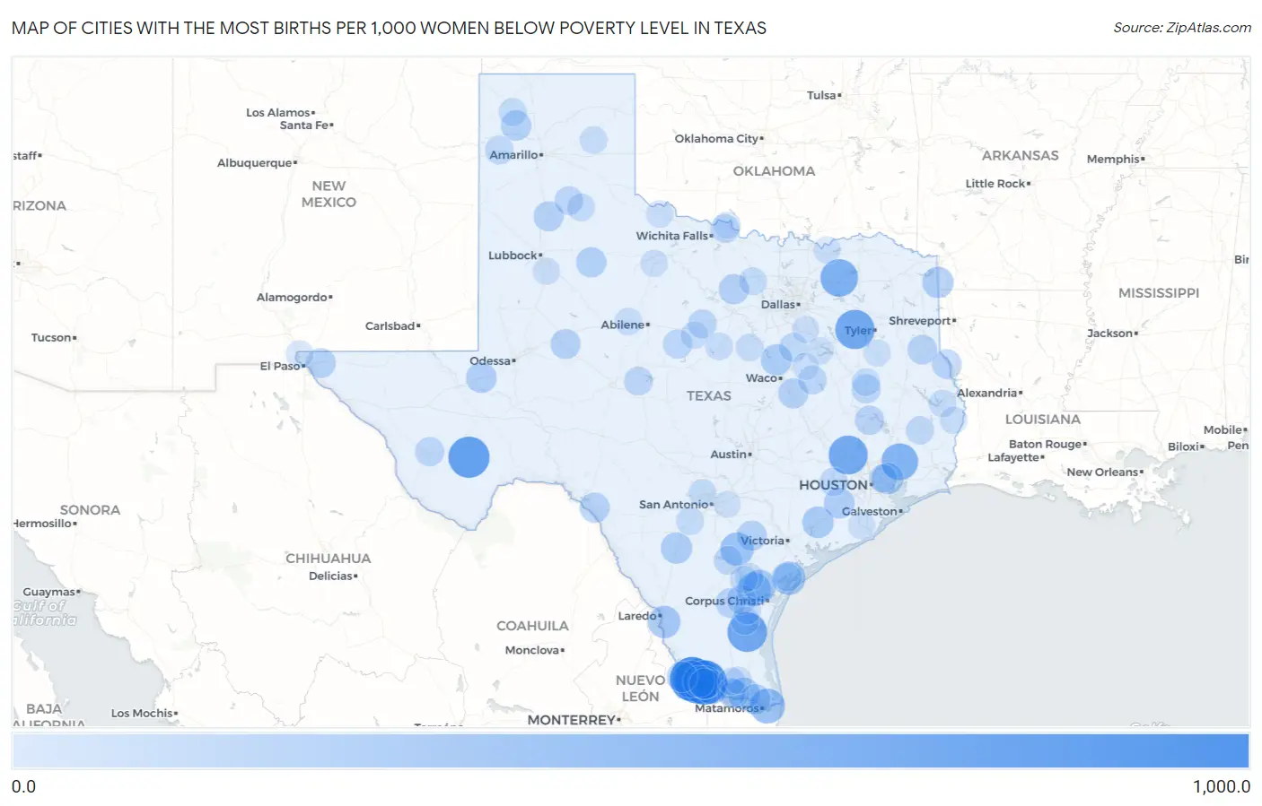 Cities with the Most Births per 1,000 Women Below Poverty Level in Texas Map